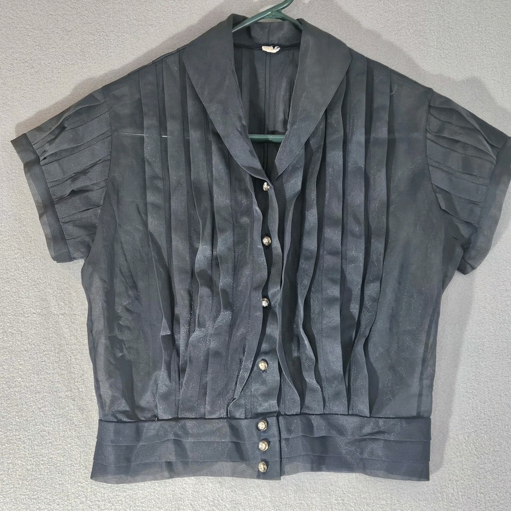 Vintage 1940s Jami sheer pleated Navy nylon blouse Rhinestone Buttons Small EUC